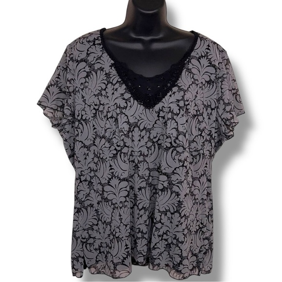 2X Apt 9 Grey Gray Black Jacquard Short Sleeve Mesh Sequin Blouse Stretch - Picture 1 of 12